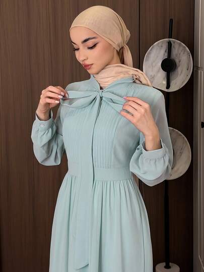 DAZY 女士优雅纯色系带领褶皱长连衣裙，春夏婚礼宾客礼服/长款连衣裙