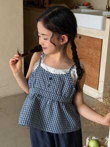 DAZY Young Girls 2 In 1 Korean Style Plaid Contrast Color Lace Patchwork Ruffle Hem Sleeveless Camisole Shirt Summer - Blue - View 6