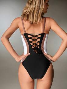 Shapewave 1pc Women's Colorblock Cutout One-Piece Swimsuit Shapewear Swimsuit Back Tie Swimsuit One Piece Swimsuit Tummy Control Bodysuit For Women - Multicolor - View 2
