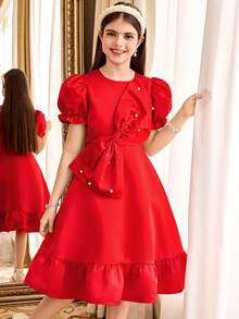 SHEIN Tween Girl Elegant Flower Girl Dress, High-End Red Beaded Big Bow Princess Tulle Satin Dress - Red - View 5