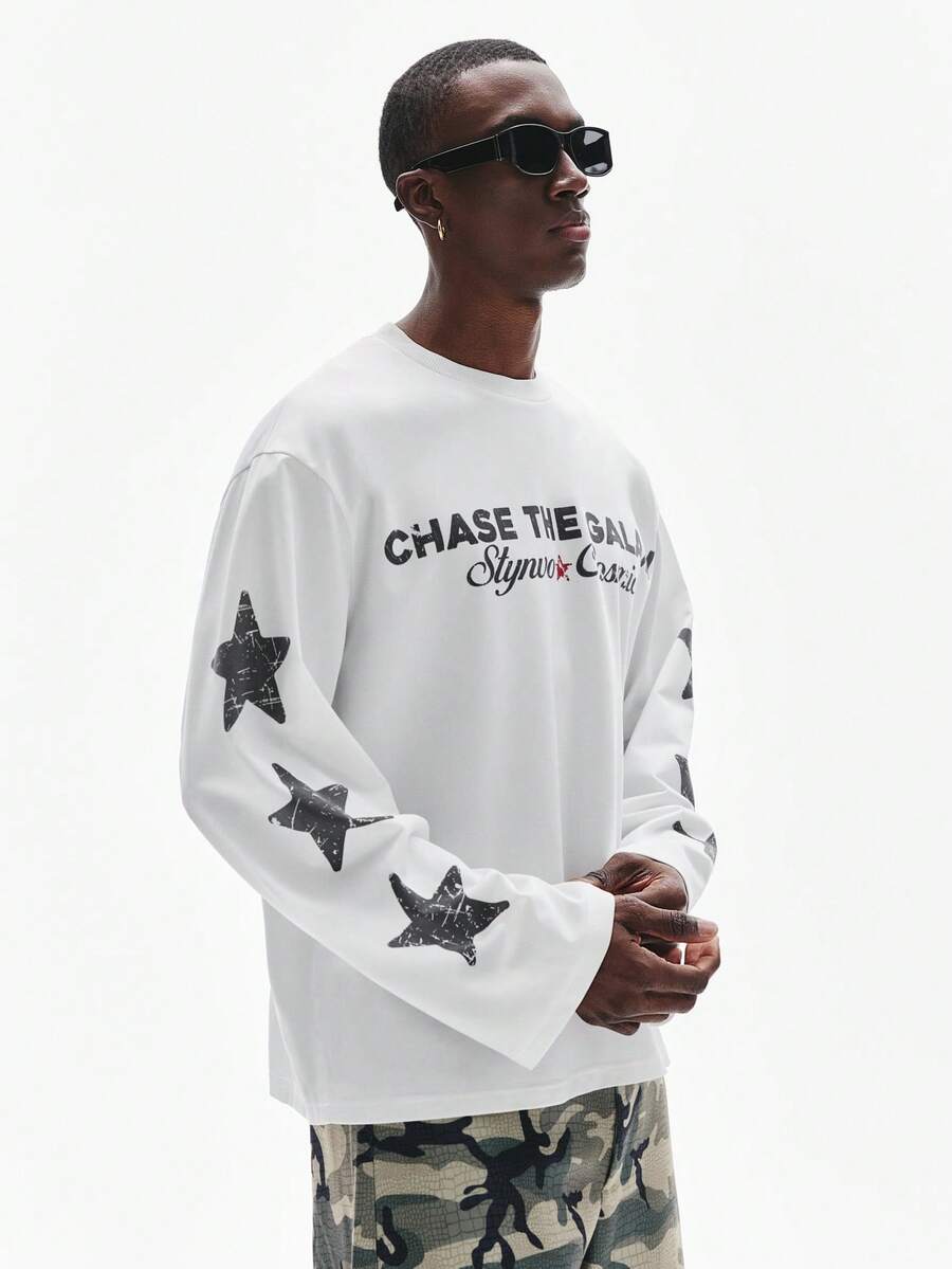 STYNVO Men's Star & Letter Print Crew Neck Casual Long Sleeve T-Shirt Graphic Tops Men Men T-Shirt Men Graphic Long Sleeve Tees Men's Long Sleeve T-Shirt Men Long Sleeve Tshirts Star Shirts Xs Graphic Long Sleeve Tees Men Men Graphic Tops White Graphic Long Sleeve - White - View 1