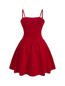 SHEIN Tween Girls Casual Elegant Beaded Red Knit Camisole Snug Fit Waist Flare A-Line Dress, Suitable For Valentine's Day, Wedding Season, Party, Outing - Red - View 5
