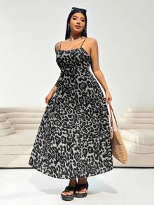Solflare Plus Size Leopard Print Backless Dress With Adjustable Spaghetti Straps And Hidden Zipper For Summer Holiday Vacation - Grey - View 3