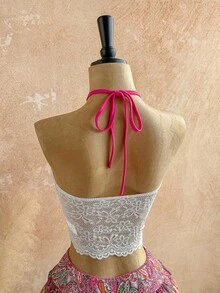 Soleia 女士彩色佩斯利复古印花拼接蕾丝无肩带系带露背吊带背心，休闲、约会、情人节、下午茶、海滩、邮轮、城市度假、音乐节、派对、波西米亚风、嬉皮风、西部风、百搭、日常通勤、仙女风、派对、复古上衣、复古、音乐节、休闲度假吊带背心、波西米亚风度假上衣 - 彩色 - 查看 5