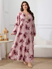 Al Najma Maxikleid in Große Größen für Damen mit Blume Muster, V-Ausschnitt und Langarm im türkischen und arabischen traditionellen Stil - Verschiedenfarbig - Übersicht 4