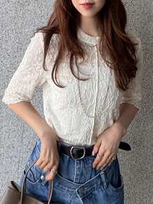 FRIFUL Women's Round Neck Lace Embroidered Fitted Short Sleeve Crop Top, Summer - White - View 3