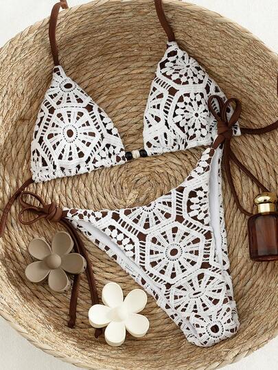 Swim Vcay Knitted Hollow Out Contrast Color Spider Web Sexy Beach Vacation Elegant Bikini Set For Women, Spring/Summer