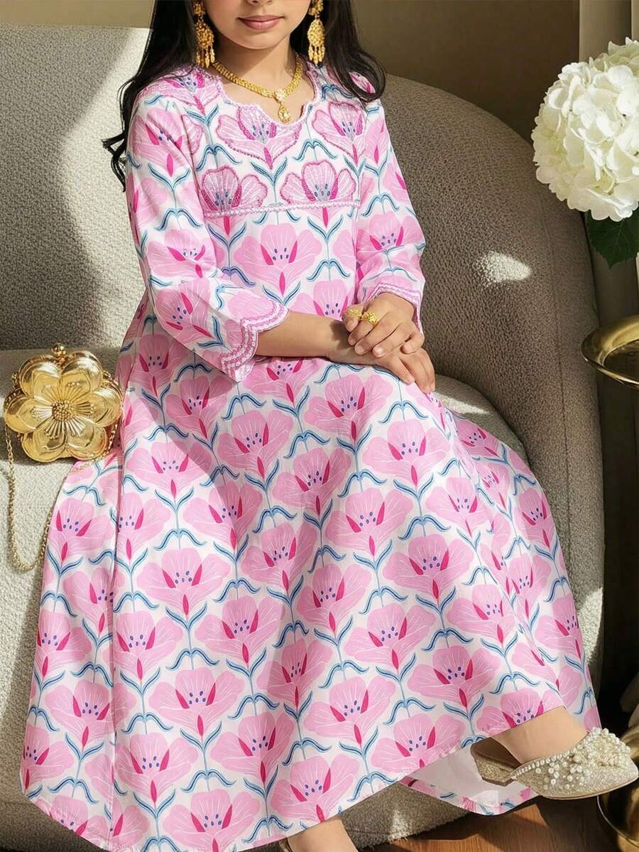 SHEIN 少女碎花圆领长袖连衣裙 - 粉色 - 查看 1