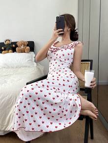 Dream Adore Women's Romantic Heart Print Ruched Ruffle Collar Mid-Length A-Line Nightgown Ruffle Strap Dress Heart Print Dress Women - Red - View 2