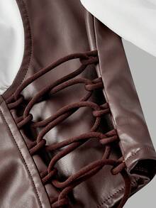 SHEIN MOD 女士棕白撞色PU皮喇叭袖衬衫，带收腰设计——西部风格，完美适用于度假、浪漫场合、海滩、约会、野餐、派对、舞会、节日和生日；浪漫复古宫廷风 - 彩色 - 查看 3