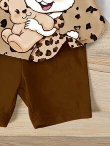 1 Set Baby Girls' Vintage Cute Cartoon Rabbit & Leopard Print, Khaki, Retro Sweet Molly Girl Style, Infant Toddler Casual Knit Crew Neck Short Sleeve Top And Shorts Set, Streetwear And Home Outfit - Multicolor - View 5