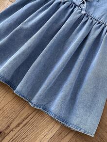 LMoss Kids 女童蓝色牛仔泡泡袖蝴蝶结连衣裙 - 淺色水洗藍 - 查看 7