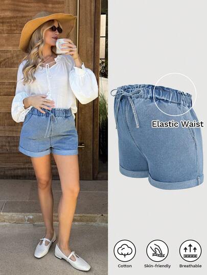SHEIN Maternity Casual Washed Denim Shorts For Summer Spring To Summer Carnival Costume Commuting Vacation Graduation Chic Y2k Cute Streetwear Coquette Party Wedding Elegant Business Casual Woman Breathable Cotton Blend Denim Shorts For Women Elastic Waist Drawstring Light Blue Rolled Hem Casual Summer Wear