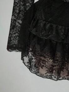 SHEIN ICON Plus Size Retro Black Autumn Formal Goth Evening Night Out Club Y2K Outfit,Off-The-Shoulder Lace Trim Semi-Sheer Long-Sleeved Top & Ruffled Skirt Set - Black - View 9