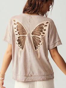 Bohemela Áo thun nữ dệt kim cổ tròn tay ngắn màu trơn dáng rộng, khoét lưng hình bướm. - Màu be - Xem 6