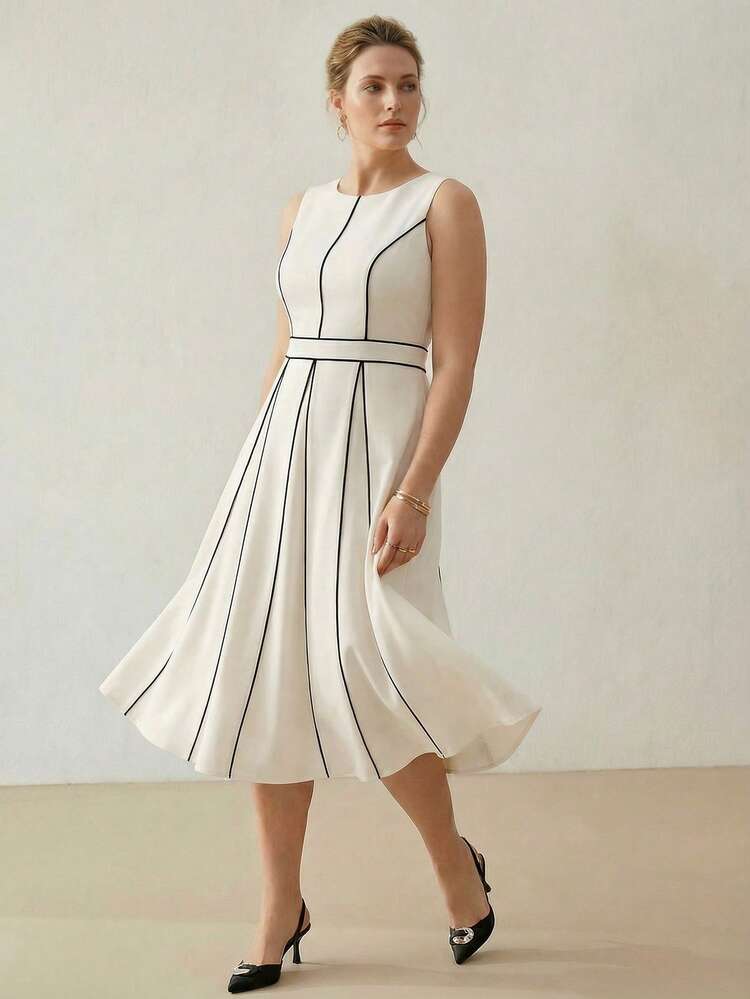 VESTIDO MIDI COM CONTRASTE ELEGANTE DE PIPING, PRIMAVERA/VERÃO