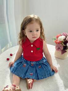 女婴针织樱桃领背心搭配牛仔樱桃刺绣百褶裙套装，时尚甜美可爱童装 - 紅色 - 查看 4