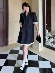 DAZY Gaun Denim Washed Leher V Warna Kontras Retro untuk Wanita, Cocok untuk Sekolah - Biru - View 7