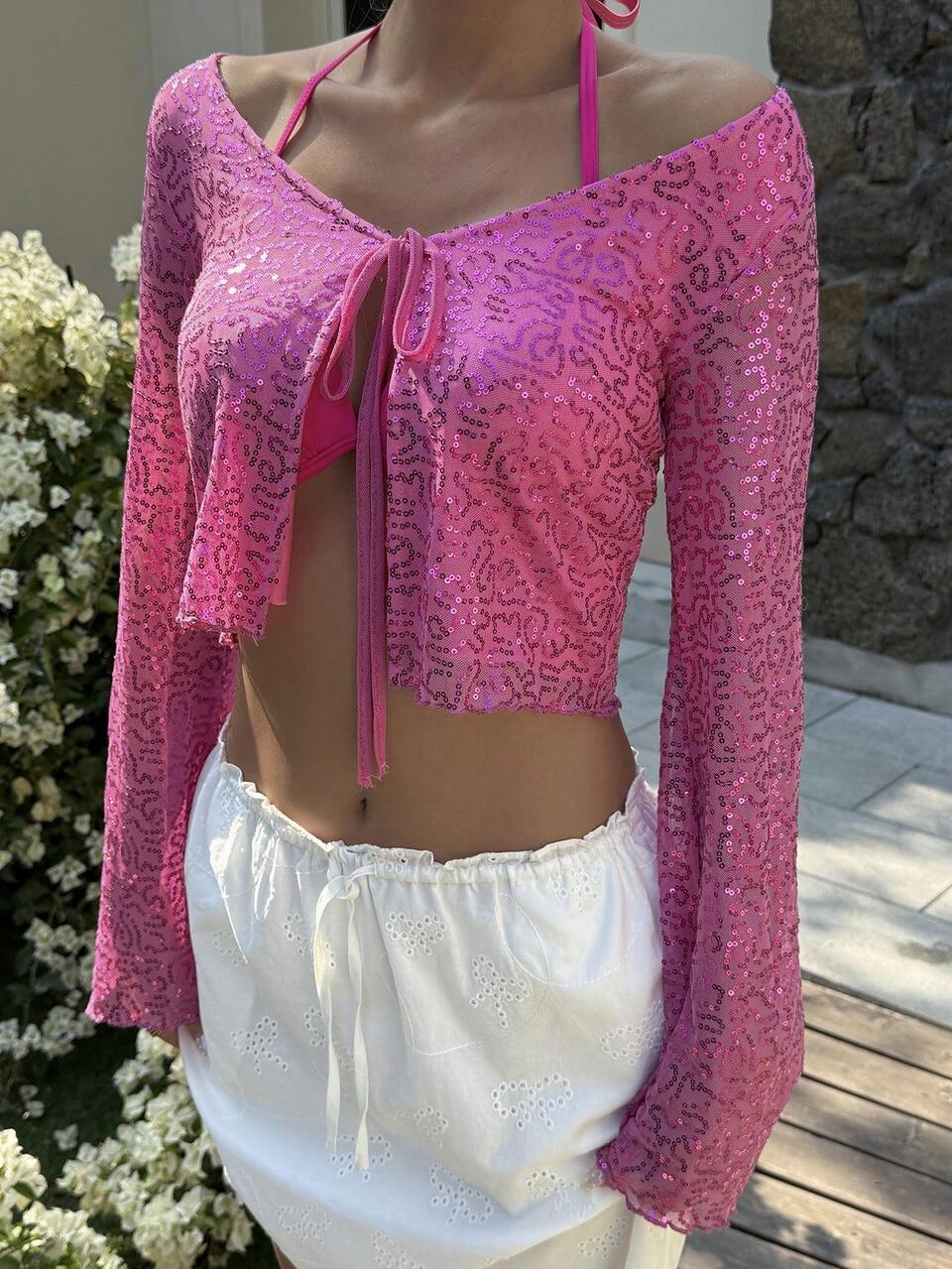 Hot Pink Shiny Sequin Cropped Top,Autumn 70s Party Women's Tie Front Top, Long Sleeve Tops,Fashionable Y2k Cruise T-Shirt