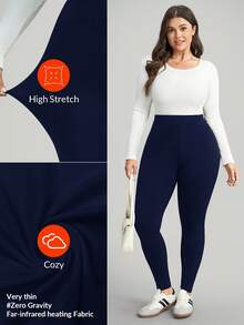 SHEIN CURVE+ Plus Size Women's Casual Solid Color Leggings, Versatile & Minimalist, Suitable For Work/Office, Gym, Autumn/Winter Thermal Tights - Navy Blue - View 7