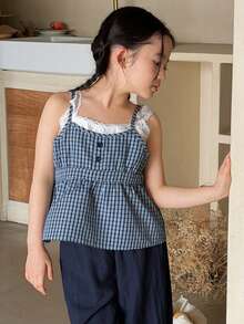 DAZY Young Girls 2 In 1 Korean Style Plaid Contrast Color Lace Patchwork Ruffle Hem Sleeveless Camisole Shirt Summer - Blue - View 4