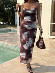 Livesso Đầm midi hai dây nhuộm tie-dye cho nữ, đầm đi nghỉ mát mùa xuân hè. - màu nâu - Xem 5