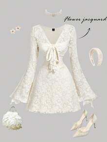 SHEIN MOD 女士纯色蕾丝拼接系带长袖迷你连衣裙 - 米色 - 查看 2