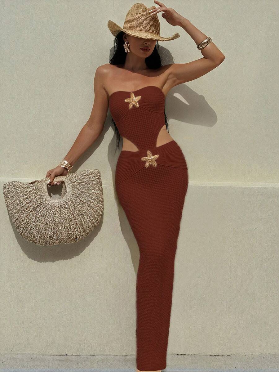 Bonvoyette Rochie de seară bej cu nasturi, pentru femei, cu decor de stea de mare matură, potrivită pentru petrecerea la piscină de vară, costum de baie, rochie, ținută de plajă