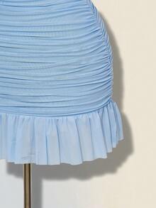 SHEIN ICON 女士优雅荷叶边迷你连衣裙，修身剪裁，网纱面料，适合夏季约会 - 淺藍色 - 查看 5