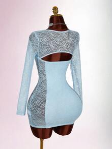Amplova Women's Floral Lace Sweetheart Neck Long Sleeve Fitted Sexy Mini Dress - Blue - View 7