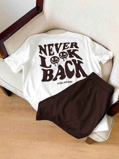 SWAVVY 2pcs/Set Knit Short Sleeve Round Neck Casual Letter Print Top