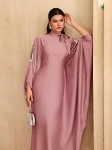 Al Najma 女士春夏粉色编织长袖串珠缎带优雅土耳其长袍和阿拉伯传统长裙 - 粉色 - 查看 3