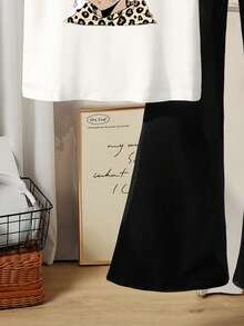 Sparklyn 2pcs/Set Tween Girls Cartoon Character Print Short Sleeve T-Shirt And Bell Bottom Pants Outfit