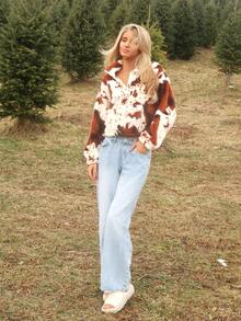 Sydney Algeri Women's Clothing Autumn And Winter Casual Coffee Brown Cow Print Fashion Home Stand Collar Zipper Polo Pocket Patch Pocket Long Sleeve Sweatshirt, Fall - Brown - View 5