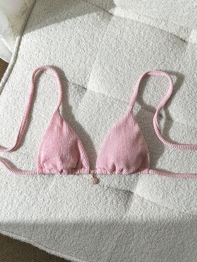 Swim Mod 女士纯粉色纹理面料海洋贝壳装饰挂脖比基尼上衣，春夏款