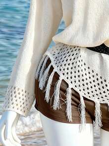 GlowEve Asymmetrical Fringe Hem Hollow Out Long Sleeve Knit Blouse For Women, Spring/Summer - Apricot - View 5