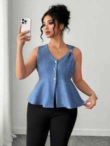 SHEIN PETITE CURVE Plus Size Women Elegant Sleeveless Blouse, Commuter Chic Top, Versatile For Work, Spring/Summer Summer Peplum Top Peplum Tops - Blue - View 3