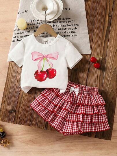 LMoss Kids LMoss  2pcs/Set Young Girl Solid Color Knit Crew Neck Casual T-Shirt And Plaid Casual Shorts Set