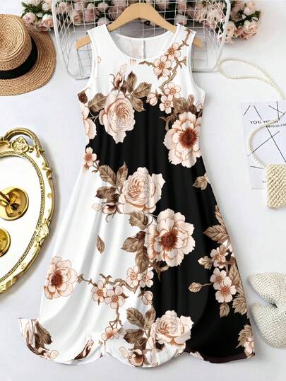 EMERY ROSE Vestido de tirantes con cuello redondo y estampado floral vintage para mujer de talla grande, vestido casual elegante de línea A, adecuado para vacaciones, playa y uso diario, conjunto de moda de verano