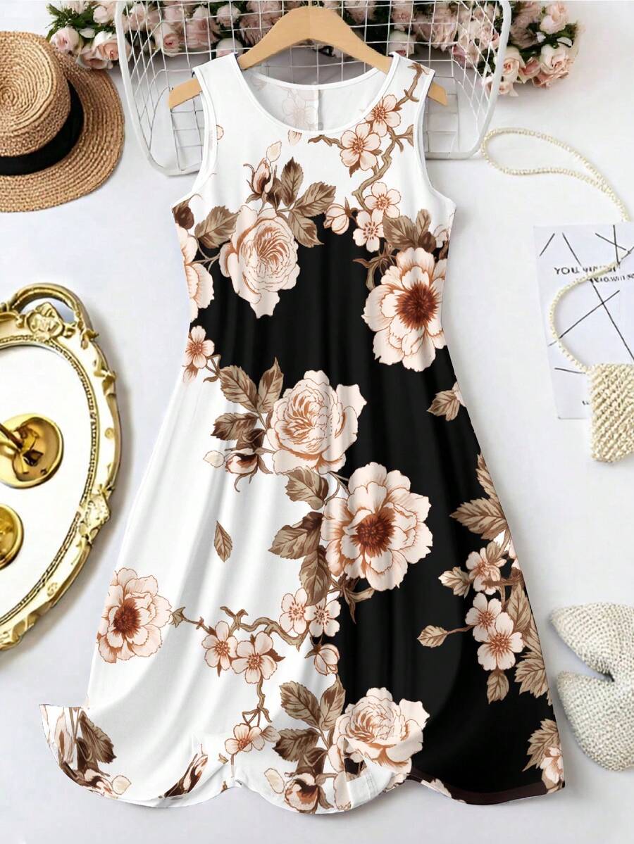 EMERY ROSE 大码女式复古碎花圆领无袖吊带连衣裙，优雅休闲A字裙，适合度假、海滩和日常穿着，夏季时尚单品 - 彩色 - 查看 1