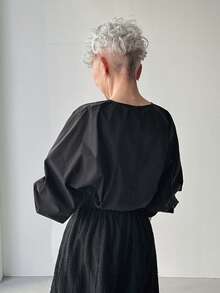 FRIFUL Women's Loose Casual Solid Color Round Neck Cuff Hem Blouse, Versatile For Spring And Summer - Black - View 4