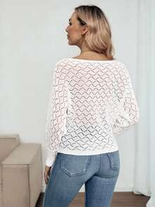 Louniche Women's Casual Vacation Fashionable Versatile Hollow Textured Batwing Sleeve Off-Shoulder Long Sleeve Pullover Sweater, Spring/Summer - Beige - View 2