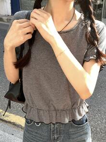 DAZY Women's Casual Round Neck Striped T-Shirt, Suitable For Spring And Summer - Grey - View 8