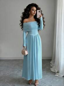 Elenzga Robe longue élégante à manches longues, épaules dénudées et plissée de couleur unie pour femmes - Bleu azur - Voir 1