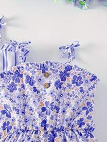 SHEIN Elladie kids Combinaison décontractée pour jeune fille avec motifs floraux, rayures et couleurs unies - Bleu azur - Voir 4