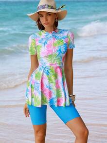 Swim Shayni Spring/Summer Hot Selling Beach Vacation Plant Print Zip Front Long Sleeve Top + Elastic Waist Long Pants 2 Pieces Burkini Set