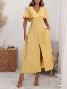 Wandoria Đầm maxi nữ thanh lịch, sang trọng, nhẹ nhàng, kiểu bohemian, thích hợp cho kỳ nghỉ/công sở, đi làm, màu trơn, cổ chữ V, tay bồng, eo chun, vạt xòe, xẻ tà trước, có túi cài nút trang trí, thích hợp cho mùa xuân/hè. - Màu vàng - Xem 5