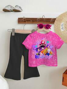 SHEIN 2件套少女休闲时尚彩色韩流女团字母星星印花圆领短袖T恤和喇叭裤，适合度假、派对、日常穿着、演唱会等场合。 - 彩色 - 查看 2