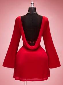 SHEIN ICON Plus Size Retro Sexy Elegant Women's Ball Party Evening Banquet Valentine's Day Outfit Round Neck Backless Swing Neck Flared Long Sleeve Bright Red Mesh Fitted Waist Flowing Skirt Dress - Red - View 8