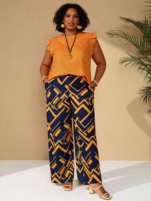 EMERY ROSE 大码女式纯色圆领短袖上衣搭配口袋阔腿裤休闲套装 - 彩色 - 查看 4